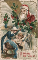 A Merry Christmas - Santa, a mother, a baby in a rocking cradle Postcard