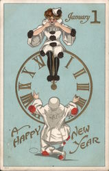 A Happy New Year - A Woman Sitting on a Clock Postcard