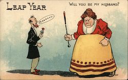 Leap Year - large mean woman browbeats small meek man. "Will you be my husband?" "Ye-e-e-e-e-e-s" Postcard Postcard Postcard