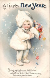 A Happy New Year - child dressed in winter finery, holding bouquet of flowers Postcard