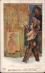 Best Wishes For A Happy New Year - child playing cowboy shoots words A HAPPY NEW YEAR into the wall New Year's Postcard Postcard Postcard