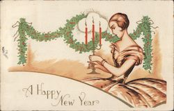 A Happy New Year - A Woman Holding Candles New Year's Postcard Postcard Postcard