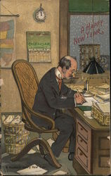 A Happy New Year: A business man's New Year-Man sits at desk working Postcard