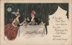 Happy New Year - man and woman wearing silly hats making a toast at the table Postcard