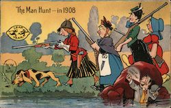 The Man Hunt in 1908 - Leap Year - women with guns and hound hunting for a gentleman who is hiding Postcard Postcard Postcard