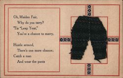 Rhyme Aimed for Women about Leap Year and Marriage Decorated with Fabric Pants applique Postcard