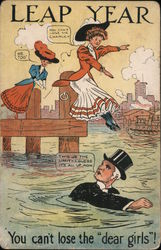 Leap Year - cartoon of women leaping into the water to join man already in the water Postcard Postcard Postcard