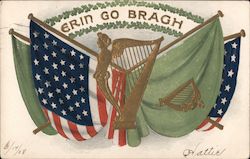 Erin Go Bragh -- picture of flags and the harp from the flag, and some shamrocks Postcard