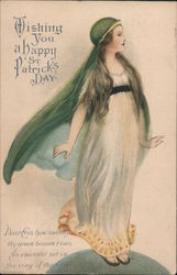 Wishing You a Happy st. Patrick's Day - woman in white dress with green head gear Postcard