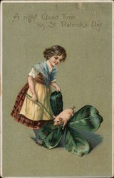 A Right Good Time on St. Patrick's Day - girl with shamrock and piglet Postcard Postcard Postcard