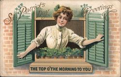 St. Patrick's Day Greetings - Woman in window. Postcard