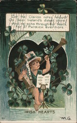 Irish Hearts - Boy Playing Harp & Horn St. Patrick's Day Postcard Postcard Postcard