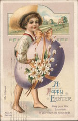 Child Purple Easter Egg Flowers A Happy Easter Many joys Ellen Clapsaddle Postcard Postcard Postcard