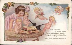 Easter card - little girl and cherubs decorating lady's Easter bonnet With Children Postcard Postcard Postcard