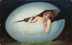 Easter Greetings- Girl looking out of cracked egg. Eggs Postcard Postcard Postcard