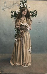 A Happy Easter - woman in long dress in front of cross with flowers Postcard