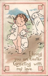 Easter Greetings - Naked Angel Child Carrying Bunnies away from Bunny Chasing after Him With Bunnies Postcard Postcard Postcard