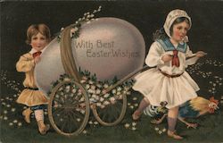 With Best Easter Wishes - children pulling a cart consisting of an egg With Children Postcard Postcard Postcard