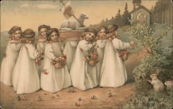 Easter scene - children in robes carrying lamb to a church With Children Postcard Postcard Postcard