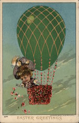 Easter Greetings - Girl Throwing Flowers from Hot Air Baloon Postcard