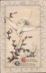 An Easter Greeting-White bird on a cross with pussywillows around it. Postcard