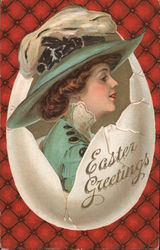 Easter Greetings-Woman all dressed up for Easter in a cracked egg. Eggs Postcard Postcard Postcard