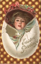 Easter Greetings - Woman in fancy hat partly inside eggshell Postcard Postcard Postcard