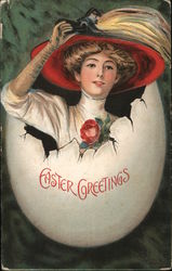 Easter Greetings - Woman Coming out of Egg Postcard