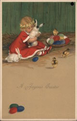 A Joyous Easter - little girl with bunnies, chicks, and eggs With Children Postcard Postcard Postcard