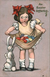 An Easter Offering - Girl Holding Eggs in Dress while Bunny Looks With Children Katharine Gussaway Postcard Postcard Postcard