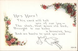 Birth announcement -- "He's Here!" with drawn stork and flowers Postcard