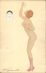 La Gourmandise Nude Woman And Pierrot Postcard