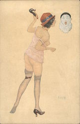 Semi nude woman pounding astonished Pierrot head with shoe Raphael Kirchner Postcard Postcard Postcard