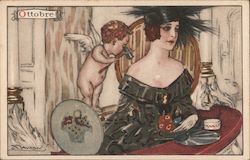 Ottobre (October in Italian) - Cupid peering down sad woman's decolletage Postcard