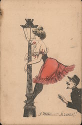 Woman in Undergarments Lighting Cigarette in Street Lamp Postcard