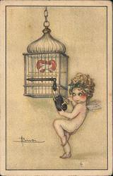 A naked cupid locking a heart into a bird cage Artist Signed A. Busi Postcard Postcard Postcard