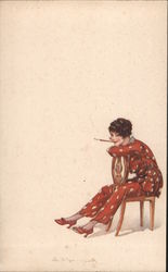 Woman Smoking in Chair Postcard