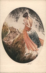 Woman Surprised by a Faun Artist Signed A. Solanges Postcard Postcard Postcard