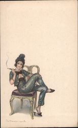 Woman Smoking, Sitting on Chair Postcard