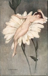 "Liebesorakel" Nude woman lying back in relaxation, on a white flower Postcard