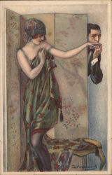 Man Kissing Hand of Woman behind Dressing Screen Artist Signed Postcard Postcard Postcard