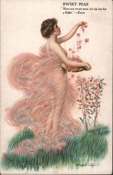 Sweet Peas - Beautiful lady in diaphanous gown, gathering flowers Artist Signed W. Haskell Coffin Postcard Postcard Postcard