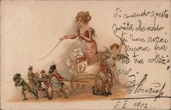 Lilliputen Men Pulling Woman in Carriage Women Postcard Postcard Postcard