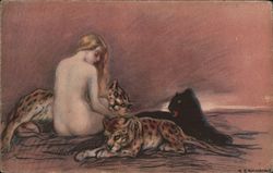 Nude Woman Leopards Panther Postcard