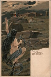 Nude Witches Flying on Brooms Gruss vom Brocken Postcard