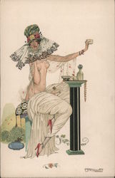 Deco Nude woman with very fancy hat, seated at small table, with drink. Artist Signed Umberto Brunelleschi Postcard Postcard Postcard