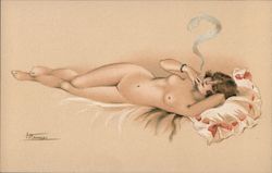 En Costume d'Eve - Nude woman lounging on bed, smoking cigarette Artist Signed Suzanne Meunier Postcard Postcard Postcard