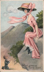 Young Woman Pink Dress & Bonnet On Rock Man Below Superior Women / Tiny Men Postcard Postcard Postcard