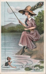 Woman Fishing for Man in Stream: A Fresh Fish Every Day Superior Women / Tiny Men Postcard Postcard Postcard