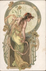 Art Nouveau Woman at Mirror Postcard Postcard Postcard